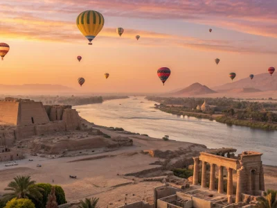 Hot air balloons floating over the Valley of the Kings in Luxor at sunrise.
