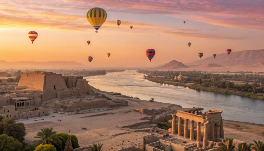 Hot air balloons floating over the Valley of the Kings in Luxor at sunrise.