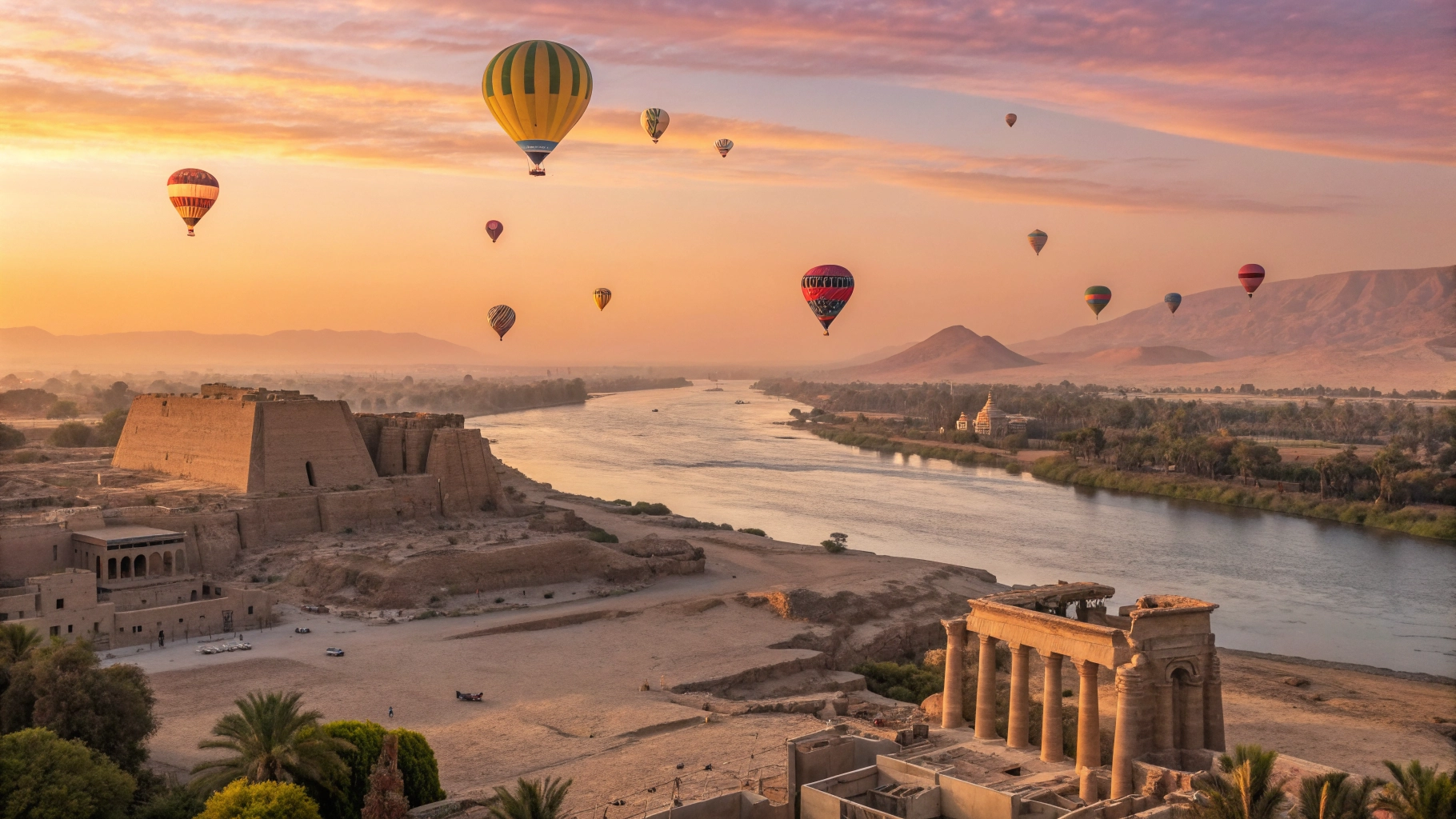 Hot air balloons floating over the Valley of the Kings in Luxor at sunrise.